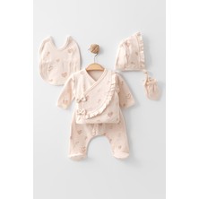 Zeynuko Kız Bebek Kalpli Fiyonklu %100 Pamuk Fırfırlı 5'li Yenidoğan Hastane Çıkışı Zıbın Seti