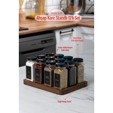 Şık Ahşap Standlı 12'li Cam Baharatlık Seti Siyah Kapaklı ve Etiketli