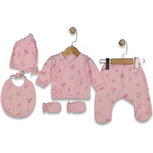 Zeynuko Kız Bebek Kalpli Fiyonklu %100 Pamuk Fırfırlı 5'li Yenidoğan Hastane Çıkışı Zıbın Seti