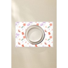 Pembe Mor Çiçek Desenli Amerikan Servis 4’lü - 42X30 Pvc Kaplamalı Silinebilir Masa Servisi