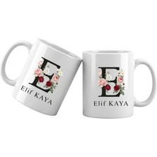 Liya Gift Collection E Harfli Kişiye Özel Isimli Porselen Kupa Bardak – Çiçekli Monogram Harf Tasarımlı Isim Yazılı Kişiselleştirilebilir Hediye Kupa