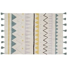 Lorena Canals Halı - Azteca Natural-Vintage Blue Çocuk Odası Yıkanabilir Pamuklu Halı Renkli El Yapımı Hediye