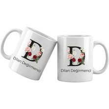Liya Gift Collection D Harfli Kişiye Özel Isimli Porselen Kupa Bardak – Çiçekli Monogram Harf Tasarımlı Isim Yazılı Kişiselleştirilebilir Hediye Kupa