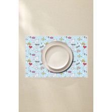 Silinebilir Çocuk Amerikan Servis 4’lü - Tavşanlı Kalpli Güneş Bulut Desenli 42X30 Pvc