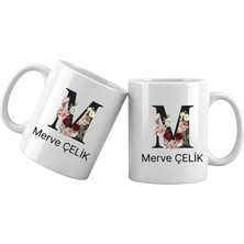 Liya Gift Collection M Harfli Kişiye Özel Isimli Porselen Kupa Bardak – Çiçekli Monogram Harf Tasarımlı Isim Yazılı Kişiselleştirilebilir Hediye Kupa
