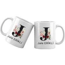 Liya Gift Collection J Harfli Kişiye Özel Isimli Porselen Kupa Bardak – Çiçekli Monogram Harf Tasarımlı Isim Yazılı Kişiselleştirilebilir Hediye Kupa