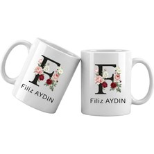 Liya Gift Collection F Harfli Kişiye Özel Isimli Porselen Kupa Bardak – Çiçekli Monogram Harf Tasarımlı Isim Yazılı Kişiselleştirilebilir Hediye Kupa