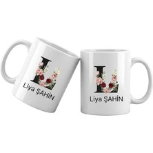 Liya Gift Collection L Harfli Kişiye Özel Isimli Porselen Kupa Bardak – Çiçekli Monogram Harf Tasarımlı Isim Yazılı Kişiselleştirilebilir Hediye Kupa