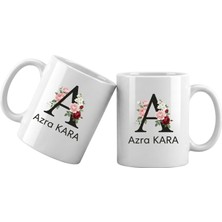 Liya Gift Collection A Harfli Kişiye Özel Isimli Porselen Kupa Bardak – Çiçekli Monogram Harf Tasarımlı Isim Yazılı Kişiselleştirilebilir Hediye Kupa