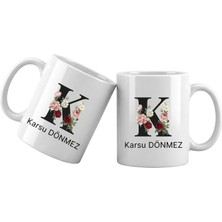 Liya Gift Collection K Harfli Kişiye Özel Isimli Porselen Kupa Bardak – Çiçekli Monogram Harf Tasarımlı Isim Yazılı Kişiselleştirilebilir Hediye Kupa