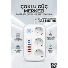 2500W Çoklu Priz 2 Metre – 3’lü Ac Priz +5 USB Çıkışı Akım Korumalı Alev Almayan Gövde,