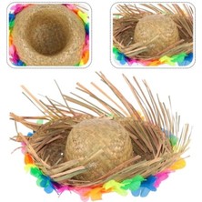 MiraLive Naturel Renk Püsküllü Örme Hasır Hawaii Luau Aloha Şapka 13X36 cm