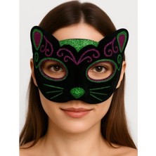 MiraLive Siyah Kadife Kaplama Üzeri Pembe Yeşil Sim Işlemeli Kedi Maskesi 20X13 cm