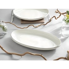 Gümüş Silver 30 cm Porselen Krem Kayık Sunum Tabağı Seti 2'li Ahşap - Bej Renkli Modern Tasarım