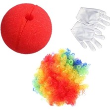 MiraLive Rengarenk Palyaço Peruk Beyaz Eldiven Kırmızı Sünger Burun Palyaço Seti 3 Parça