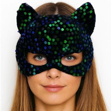 MiraLive Siyah Kadife Kumaş Üzerine Mavi Yeşil Payetli Pullu Parti Maskesi 16X14 cm