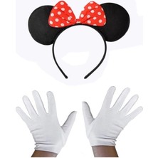 MiraLive Kırmızı Fiyonklu Minnie Mouse Tacı ve Beyaz Eldiven Seti