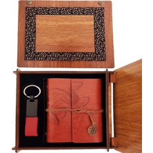 MiraLive Ahşap Kutulu Kahve Deri Defter ve Anahtarlık Set