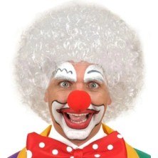 MiraLive Beyaz Renk Kıvırcık Afro Bonus Peruk Saç ve Kırmızı Sünger Burun Seti