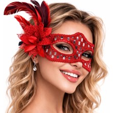 Tiklad Kırmızı Tüylü Balo Maskesi