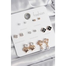 Tiklad Pirinç Gold Renk Zirkon Taşlı Kalp Figür Siyah Yonca Detay 7 Çift Kadın Küpe Seti