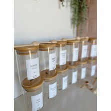 12'li Bambu Kapak Cam Baharatlık Seti, 300 Ml, Ahşap Kaşık Hediyeli