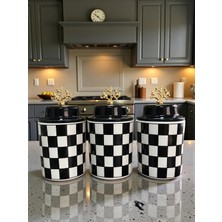 Seramik Baharatlık Seti, Siyah Damalı, Kapaklı, 3’lü, 750 Ml, Modern Tasarım