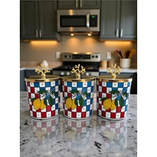 Şık 3'lü Silindir Baharatlık Seti, Metal Kahve Köşesi, Damatlı, Limon Desenli, 750 Ml, Mercan Gold