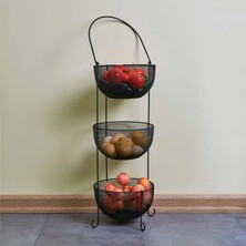 3 Katlı Metal Sebze ve Meyve Saklama Kabı, Siyah, Modern ve Şık Tasarım