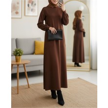 Moda Morfo Yuvarlak Yaka Uzun Oysh Elbise -Kahve