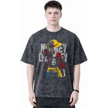 Sevbano Tasarım Monkey D. Luffy One Piece Anime Baskılı Unisex Oversize Eskitme Yıkamalı Tişört