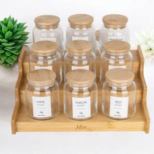 3 Katlı Bambu Standlı 9’lu Ahşap Vakum Kapaklı Cam Kavanoz Seti