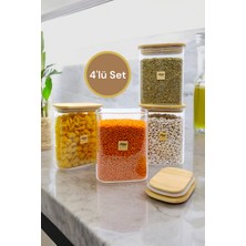 Bambu Conta Kapaklı 4'lü Cam Kavanoz Seti, 1000ML, Baharat ve Erzak Saklama