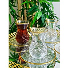 Şık Gold Desen Kesme Kristal Çay Bardağı Seti 18 Parça, 6 Kişilik