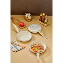 Pratik ve Şık Granit Tava Seti 20-24-28 Cm, 3 Parça, Krem Bakalit Sap