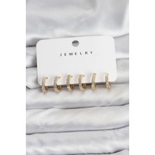 Eco Lounge Gold Renk Pirinç Zirkon Taşlı Halka Kadın Küpe Seti