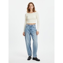 LTB Uzun Kollu Kayık Yaka Crop Krem Sweatshırt