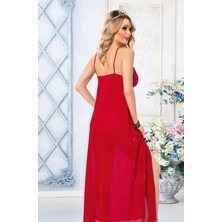 Esranın Dünyası  Kırmızı Dantel Işlemeli Yırtmaçlı Fantezi Uzun Gecelik