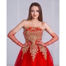 Marsilyan Uzun Boy Kırmızı Puantiyeli Kırmızı Renk Yetişkin Tül Eldiven 55 cm