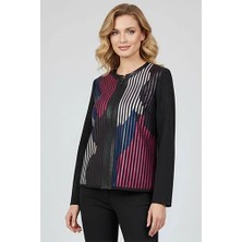 Pembe Beyaz Mavi Lona Tül Üzerine Çizgili Deri Baskılı Kadın Hakiki Deri Ceket