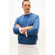 Tommy Hilfiger Erkek Kabartma Yazılı Pamuklu Sweatshirt - Mavi