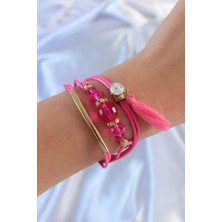 Marsilyan Pembe Zirkon Taşlı Ipli Püskül Detay Çoklu Bileklik - TJ-BB6360