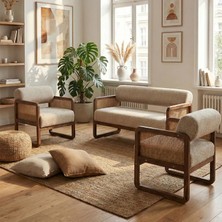 Alaves Hazeran Jüt Çay Seti Ceviz Ahşap,sütlü Kahve (1 Adet Ikili Berjer 2 Adet Tekli Berjer)