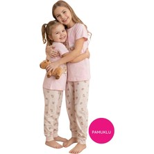 Tarık Homewear Kız Çocuk Pembe Hayvan Desenli Düğmesiz Bisiklet Yaka Pamuklu Penye Kısa Kol Pijama Takımı