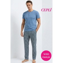 Seamlife Erkek Mavi Çizgi Desenli 3 Düğmeli Bisiklet Yaka %100 Pamuk Penye Kısa Kol Cepli Pijama Takımı