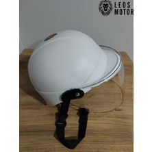 Leos Motor Jokey Kask Camlı Bisiklet Kaskı Camlı Beyaz & Yerli Üretim & Camlı Model (Ultra Dayanıklı)
