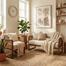 Alaves Hazeran Jüt Çay Seti Ceviz Ahşap,sütlü Kahve (1 Adet Ikili Berjer 1 Adet Tekli Berjer)