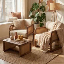 Alaves Hazeran Jüt Çay Seti Ceviz Ahşap,sütlü Kahve (2 Adet Tekli Berjer 1 Adet Sehpa)