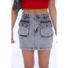 Zeo Basic Kargo Cepli Grey Mini Skirt