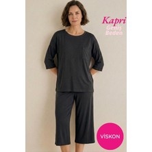 Seamlife Homewear Kadın Siyah Düğmesiz Geniş Yaka Göğüs Cepli Viskon Kısa Kol Kapri Pijama Takımı-Anne Kalıp Fakir Kol Bermuda